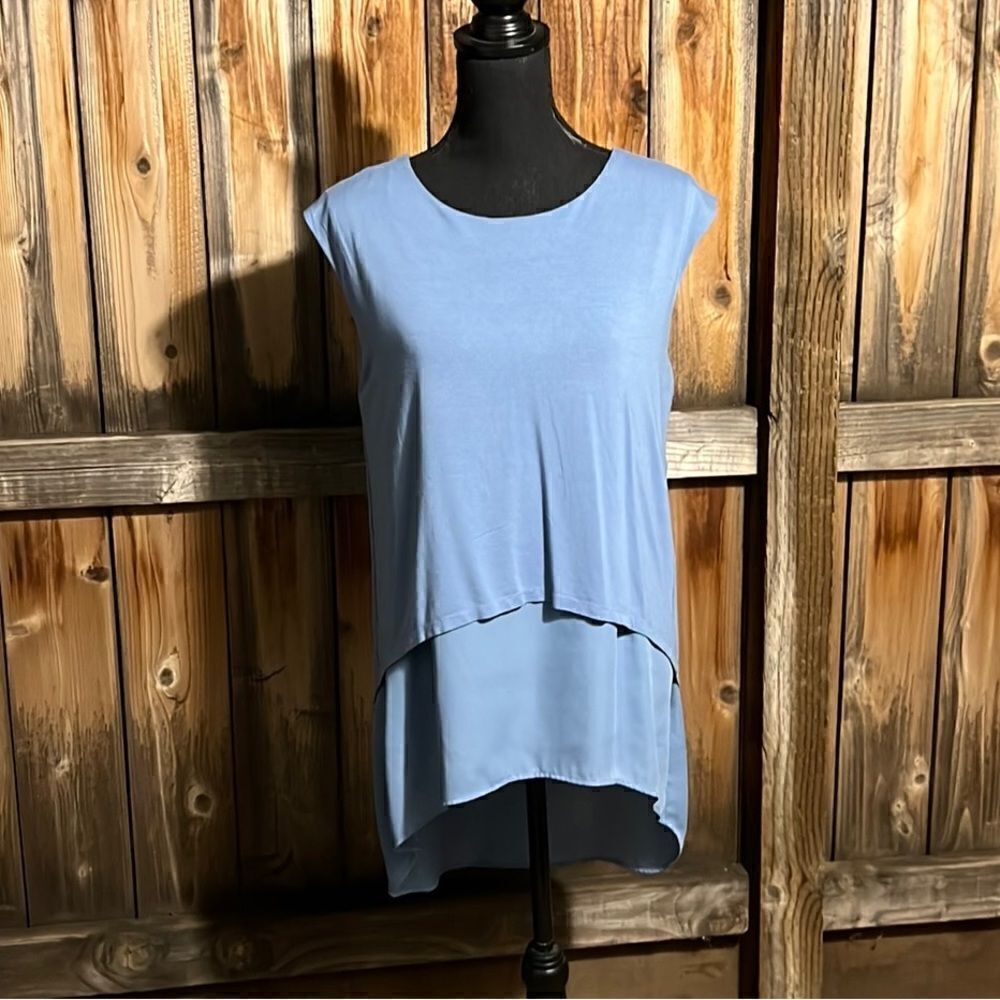 Vince Camuto top sheer viscose blend blue hi-lo layered Small FIRM on PRICE